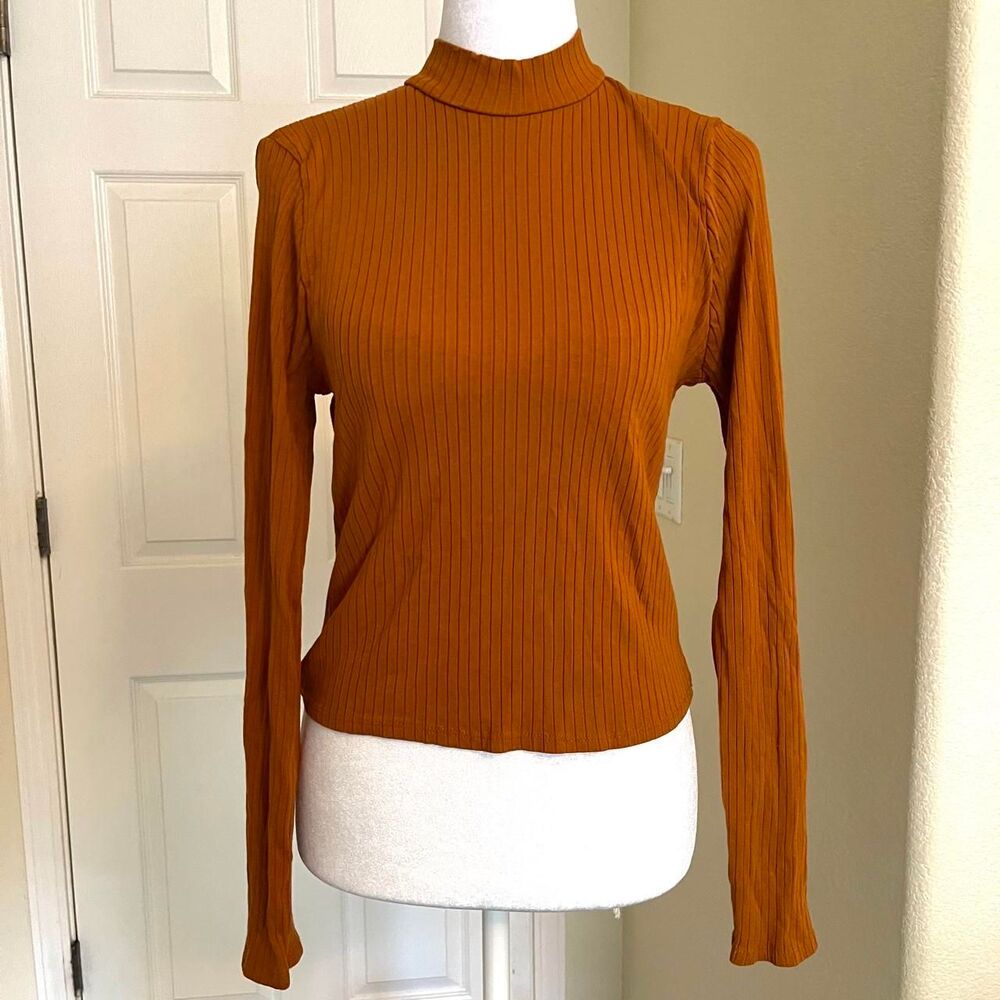 Burnt orange mock turtleneck cropped long sleeve shirt